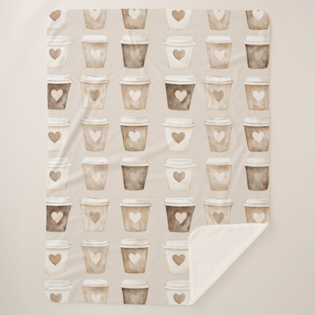 Cream Coffee Heart Cups Sherpa Blanket (Front)