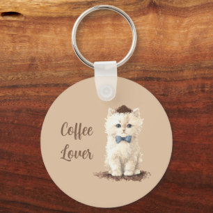 Cream Coffee Lover White Cat Blue Bow Bean Keychain