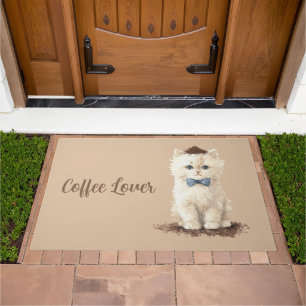 Cream Coffee Lover White Cat Blue Bow Doormat