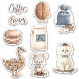 Cream Coffee Lover White Cat Blue Bow Sticker