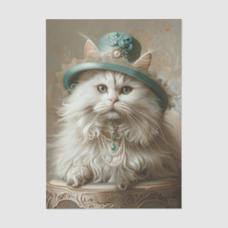 Cream Colored Cat Teal Hat Pearls Decoupage Tissue Paper