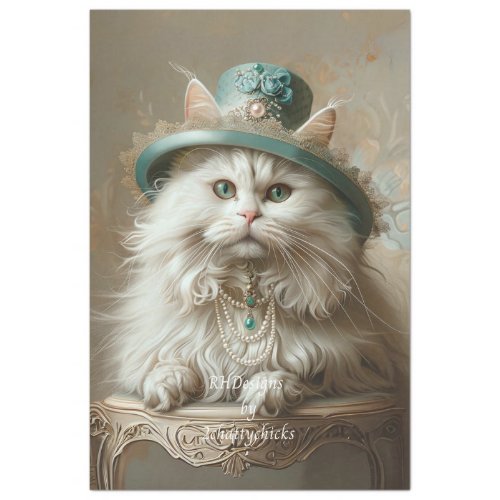 Cream Colored Cat Teal Hat Pearls Decoupage Tissue Paper