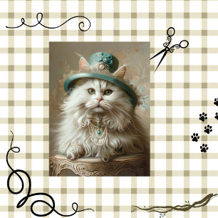 Cream Colored Cat Teal Hat Pearls Decoupage Tissue Paper