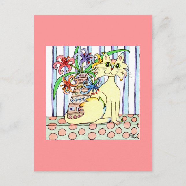 Cream-Colored Cat with Pastel Lilies Postcard (Front)