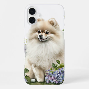 CREAM COLORED POMERANIAN DOG IN WILDFLOWERS iPhone 16 PLUS CASE
