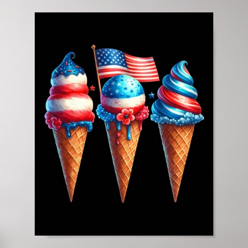 Cream Cone Scoops Designed American Flag 4th Of Ju Poster