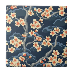 Cream Coral Sakura Navy Blue Floral Pattern Ceramic Tile