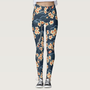 Cream Coral Sakura Navy Blue Floral Pattern Leggings
