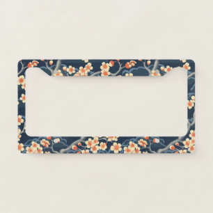 Cream Coral Sakura Navy Blue Floral Pattern License Plate Frame