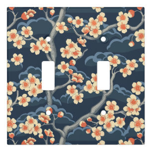 Cream Coral Sakura Navy Blue Floral Pattern Light Switch Cover