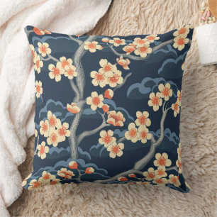 Cream Coral Sakura Navy Blue Floral Pattern Throw Pillow