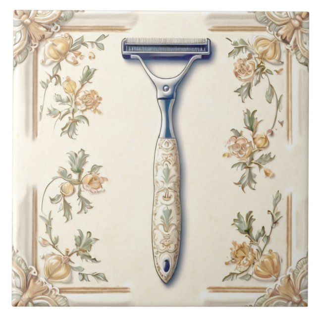 Cream & Coral Shaving Razor Shaver Funny Bathroom Ceramic Tile (Front)