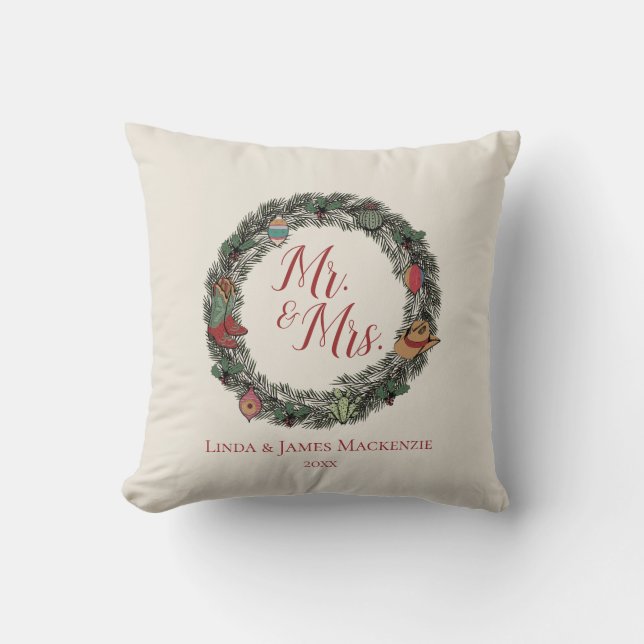 Cream Country Wedding Mr. and Mrs. Christmas Throw Pillow (Front)