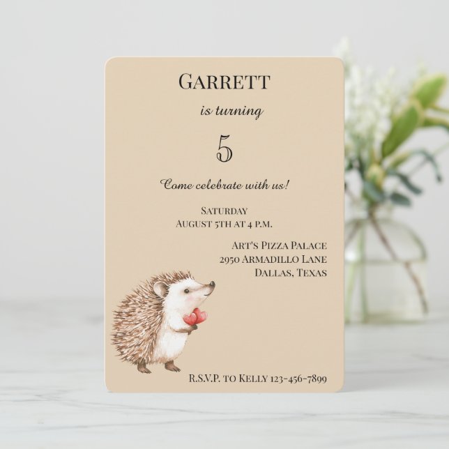 Cream Cute Hedgehog Red Hearts Birthday Invitation (Standing Front)