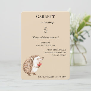 Cream Cute Hedgehog Red Hearts Birthday Invitation