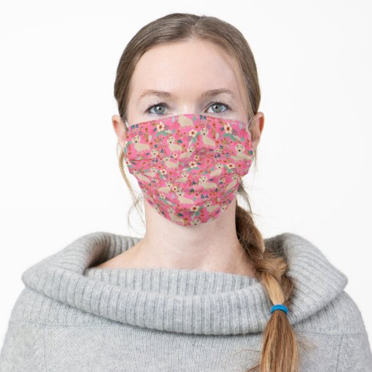 Cream dachshund dogs pink floral adult cloth face mask (Worn)