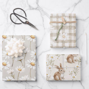Cream Daisy Floral Bunny Rabbit Birthday Wrapping Paper Sheets