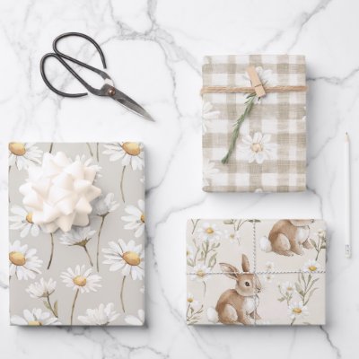 Cream Daisy Floral Bunny Rabbit Birthday Wrapping Paper Sheets