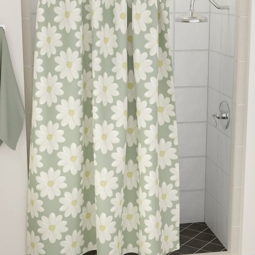 Cream Daisy Flowers on Sage Green Shower Curtain