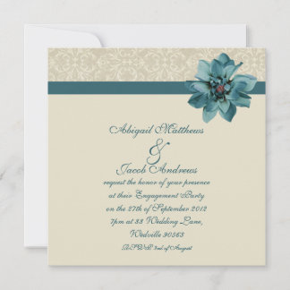 Cream Damask And Teal Blue Engagement Party Invite