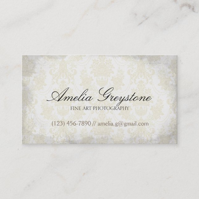 Cream Damask Elegant Vintage Business Card (Front)