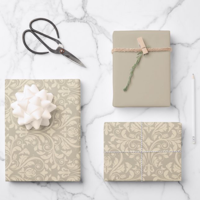 Cream Damask Wrapping Paper Sheets (Front)