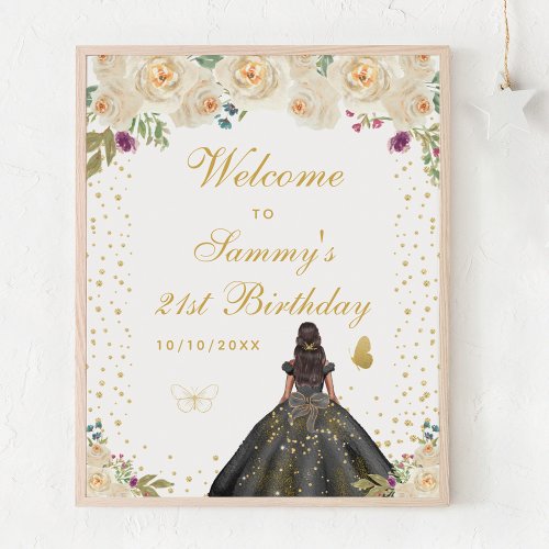 Cream Dark Skin Girl Birthday Party Welcome Poster