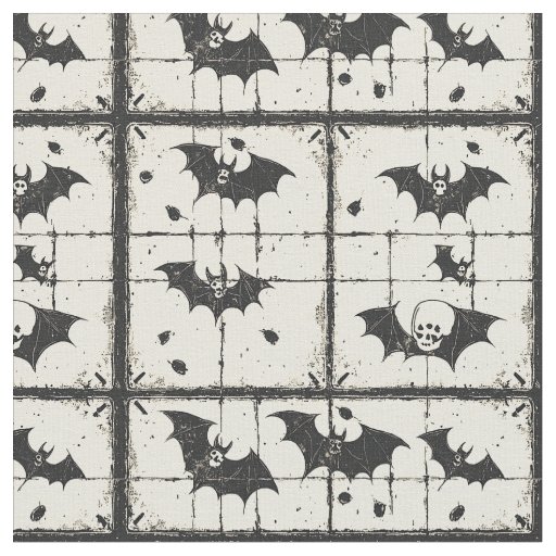 Cream Denim Grunge Patchwork with Bats (2) Fabric
