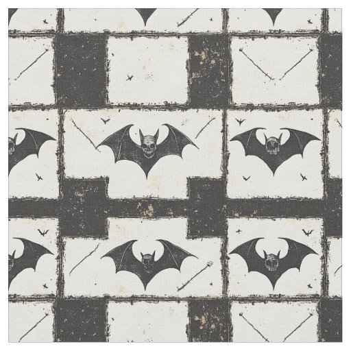 Cream Denim Grunge Patchwork with Bats (3) Fabric