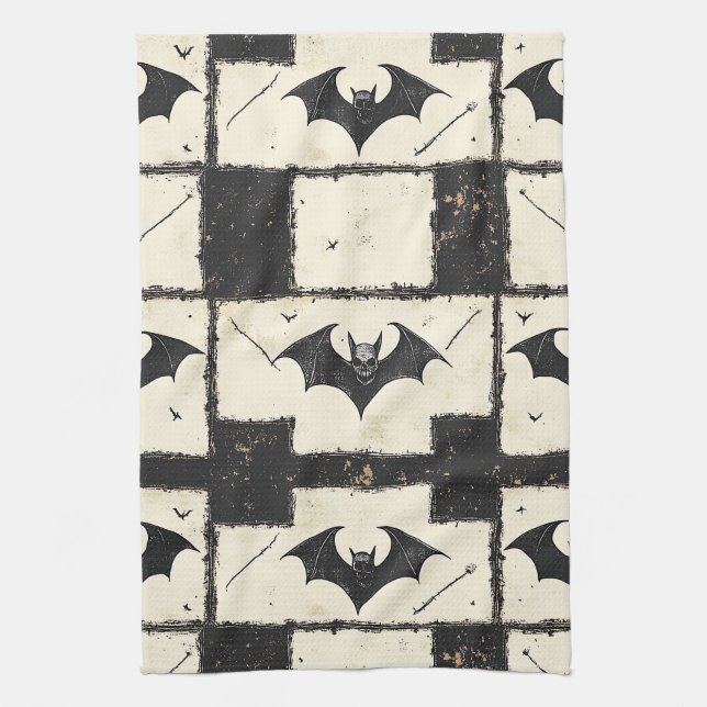 Cream Denim Grunge Patchwork with Bats (3) Kitchen Towel (Vertical)