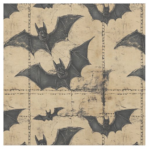 Cream Denim Grunge Patchwork with Bats Fabric