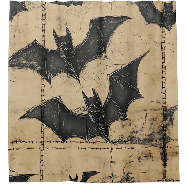 Cream Denim Grunge Patchwork with Bats Shower Curtain (Front)
