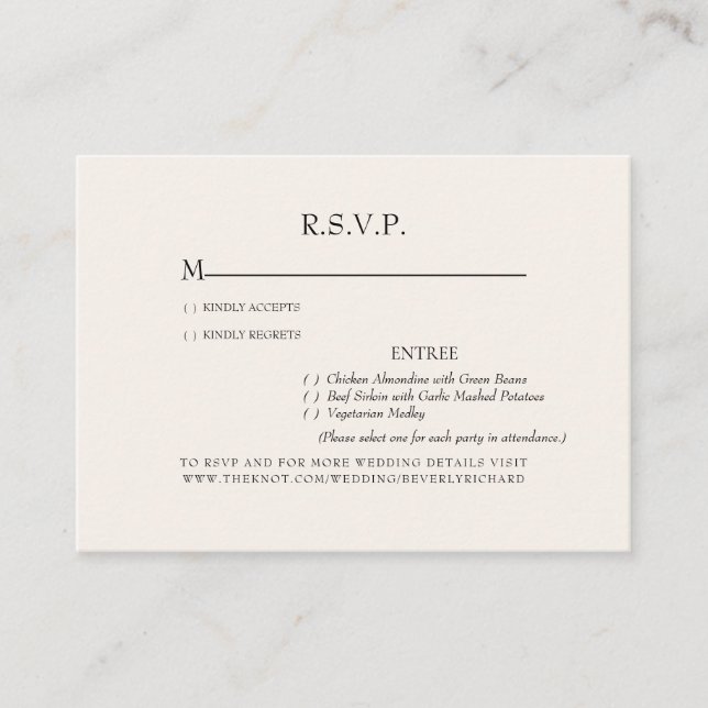 Cream Dinner Options Wedding RSVP Enclosure Card (Front)