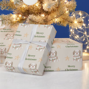 Cream Dog Christmas Lights Gold Stars Wrapping Paper