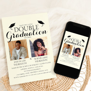 Cream Double Graduation 2 Photo Graduation Party Invitation