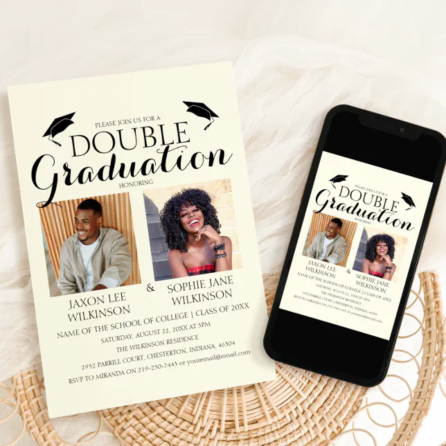 Cream Double Graduation 2 Photo Graduation Party Invitation | Zazzle