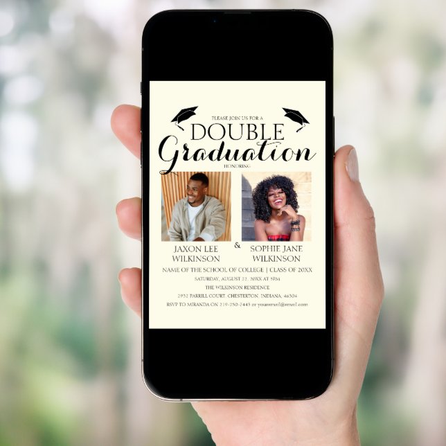 Cream Double Graduation 2 Photo Graduation Party Invitation (Front Digital)