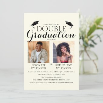 Cream Double Graduation 2 Photo Graduation Party Invitation 