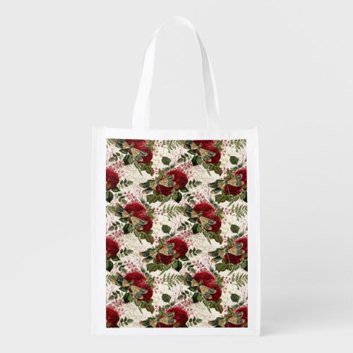 Cream Dragonflies and Roses  Grocery Bag