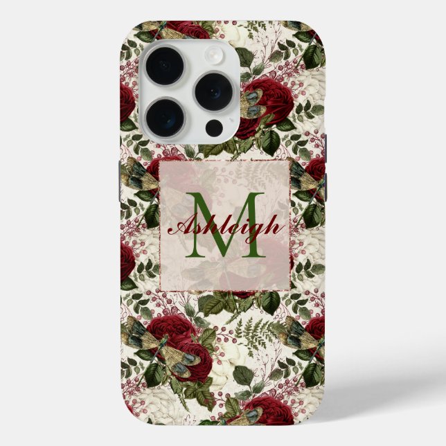 Cream Dragonflies and Roses Monogram Case-Mate iPhone Case (Back)