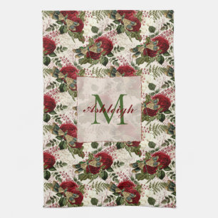 Cream Dragonflies and Roses Monogram Kitchen Towel