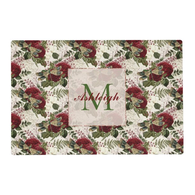 Cream Dragonflies and Roses Monogram Placemat (Front)
