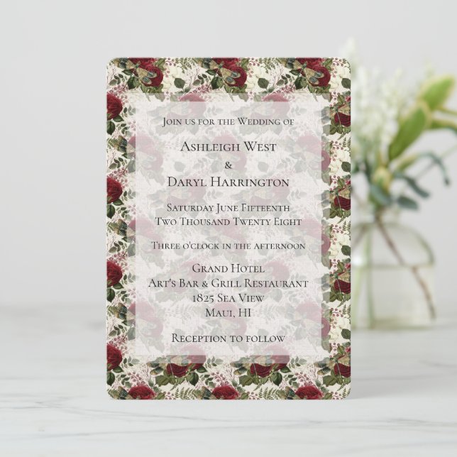 Cream Dragonflies and Roses  Wedding Invitation (Standing Front)