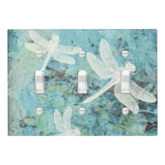 Cream Dragonflies Teal And Leaves Background Light Switch Cover (In Situ)
