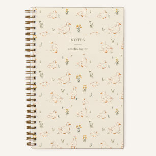Cream Duck Wildflower Pattern Personalized Name Notebook