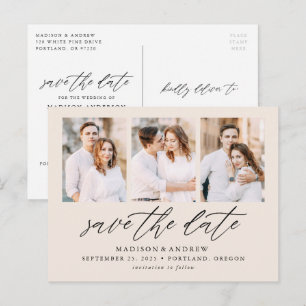 Cream Elegant Script 3 Photo Collage Save the Date Announcement Postcard
