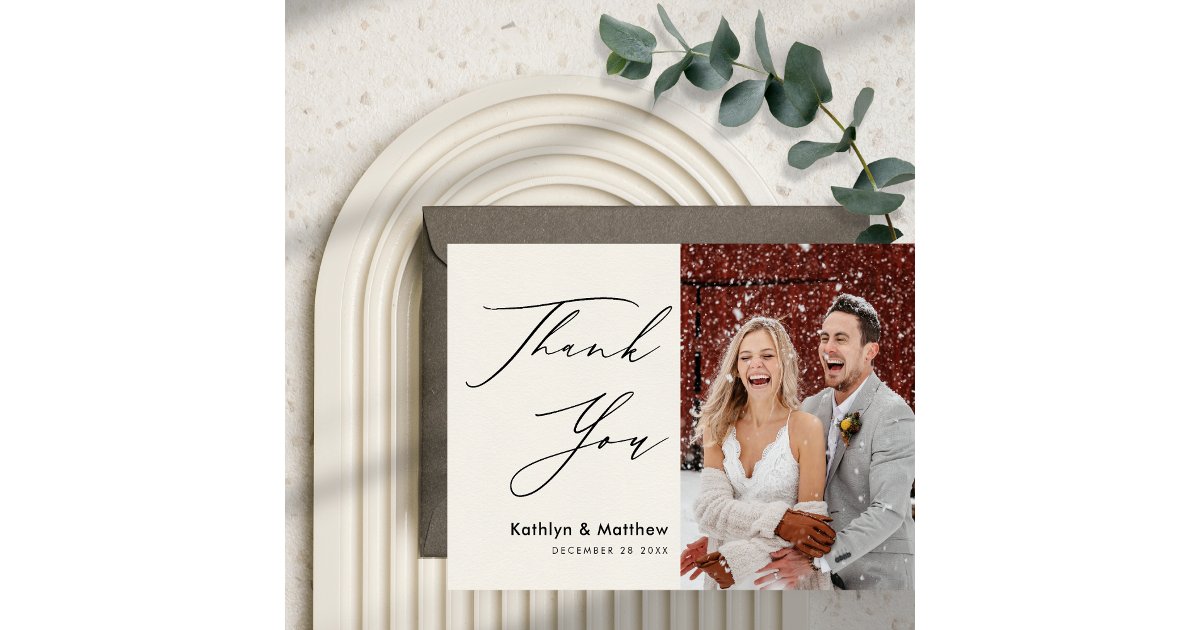 Cream Elegant Script Modern Photo Simple Wedding Thank You Card | Zazzle