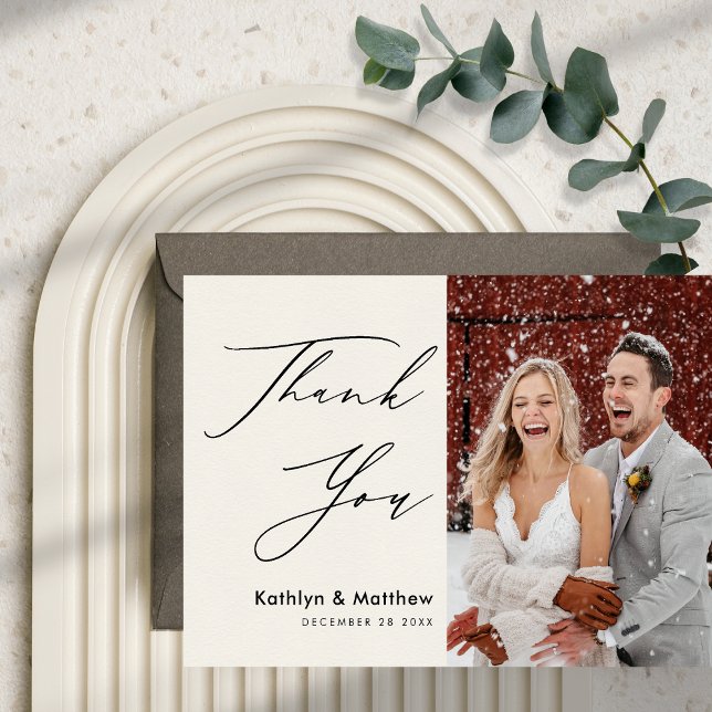 Cream Elegant Script Modern Photo Simple Wedding Thank You Card (Creator Uploaded)