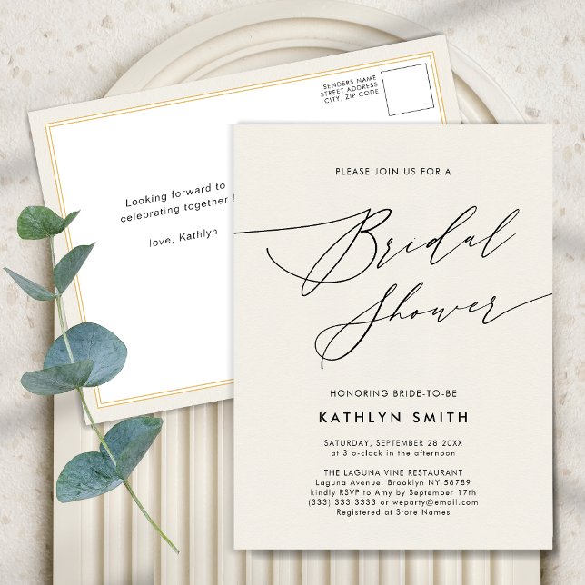 Cream Elegant Script Modern Simple Bridal Shower Invitation Postcard (Creator Uploaded)