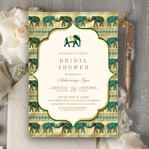 Cream Emerald Gold Elephant Indian Bridal Shower Invitation